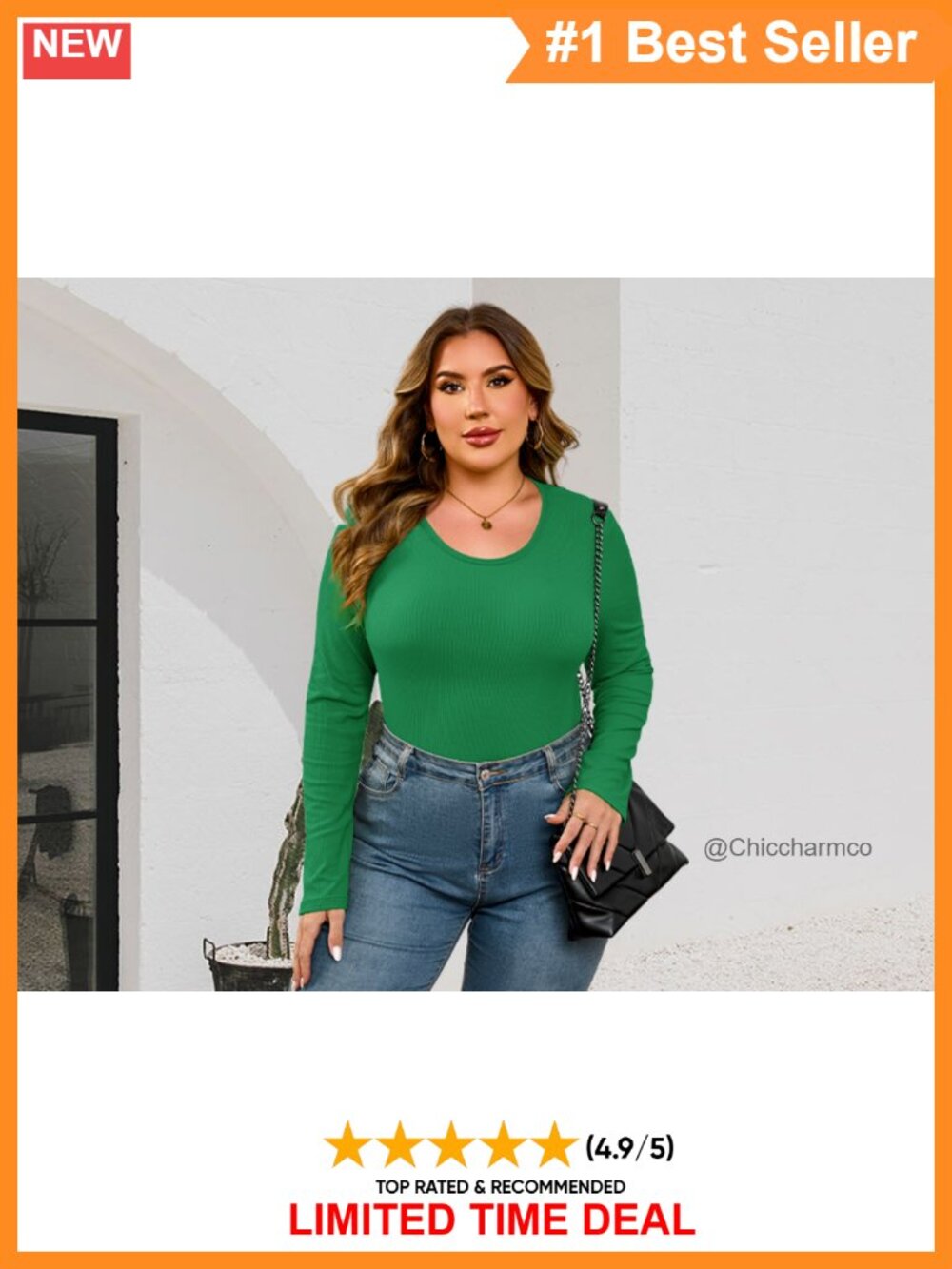 Plus Size Long Sleeve Ribbed Knit Top Crew Neck Fitted Tee - Picture 6 of 6